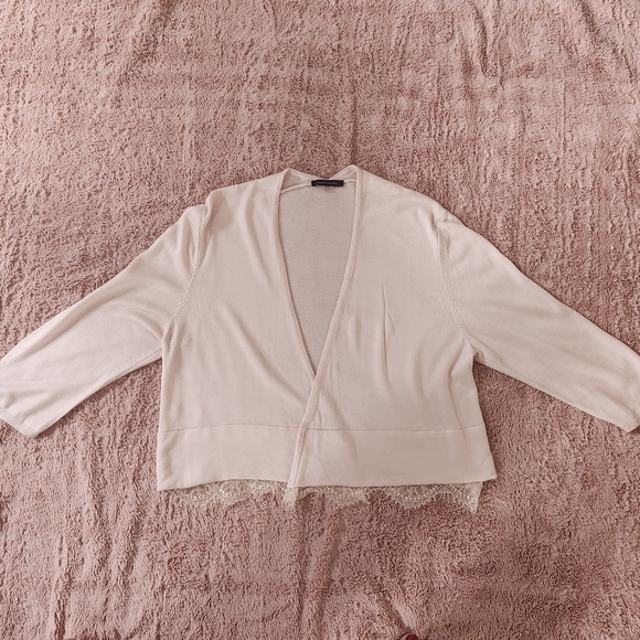 Tommy Hilfiger Women L Open Front Cardigan Pink Scalloped Lace Hem Sweater Boho - Picture 3 of 14